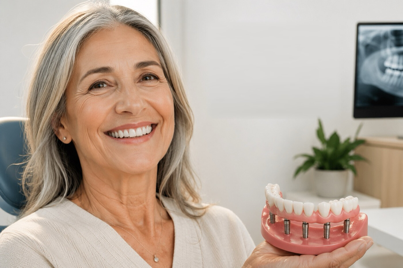 Paciente sonriendo junto a un modelo de prótesis sobre implantes